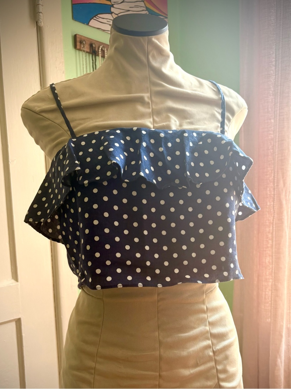 L'Academie Navy Blue Polka Dot 100% Linen Off-Shoulder Crop Top